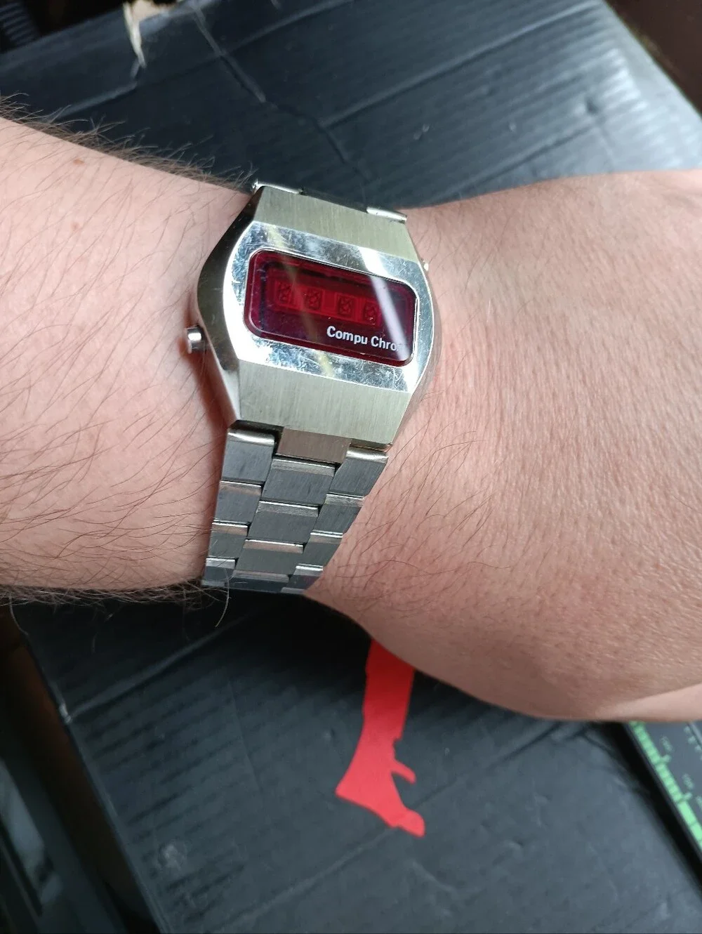 Vintage Compu Chron Stainless Steel LED Digital Watch - Silver with Red Display